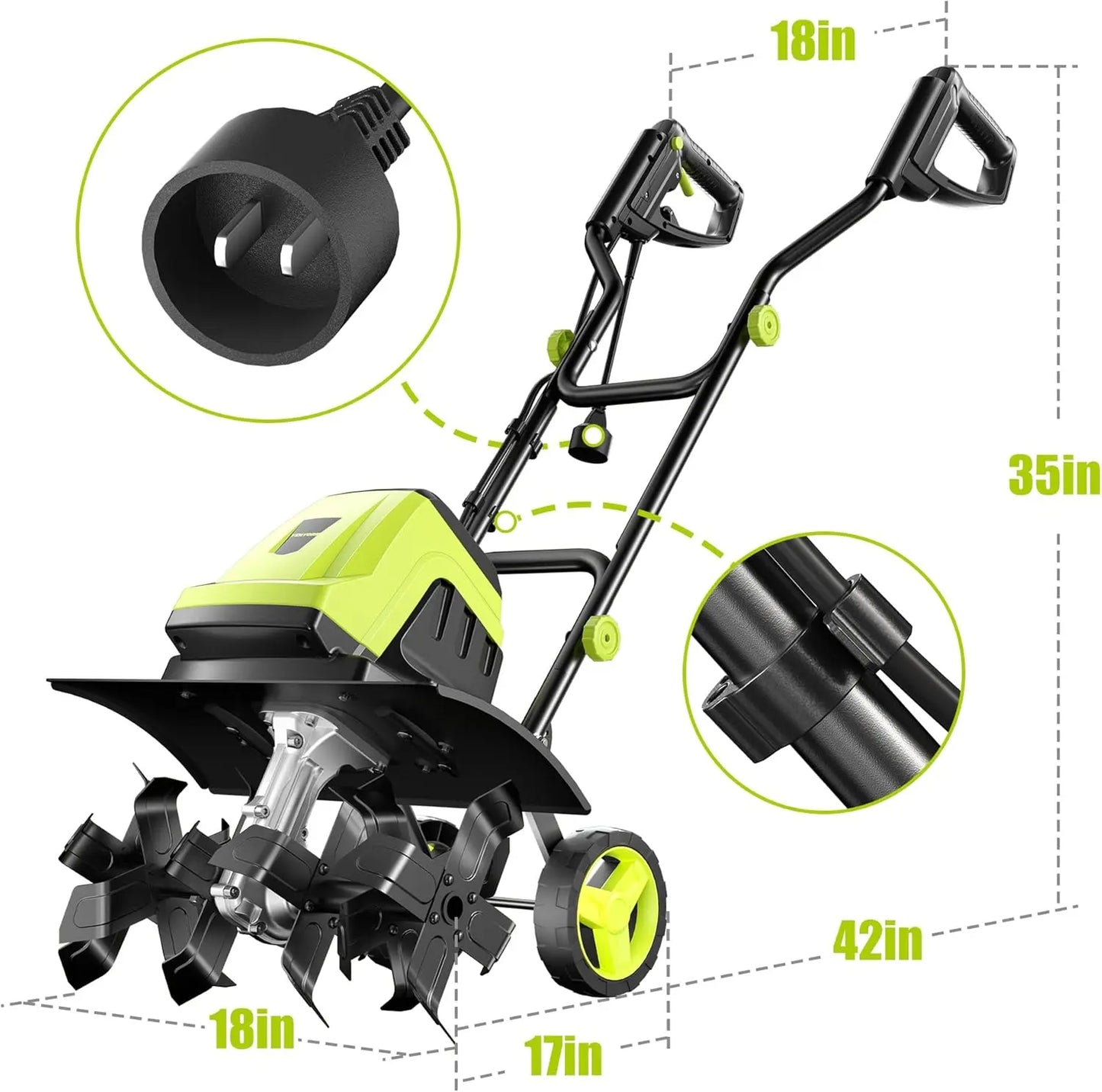 15 Amp Electric Tiller Cultivator 18-Inch Width 9-Inch Depth Gardening Tiller with Foldable Handle - YERYORK