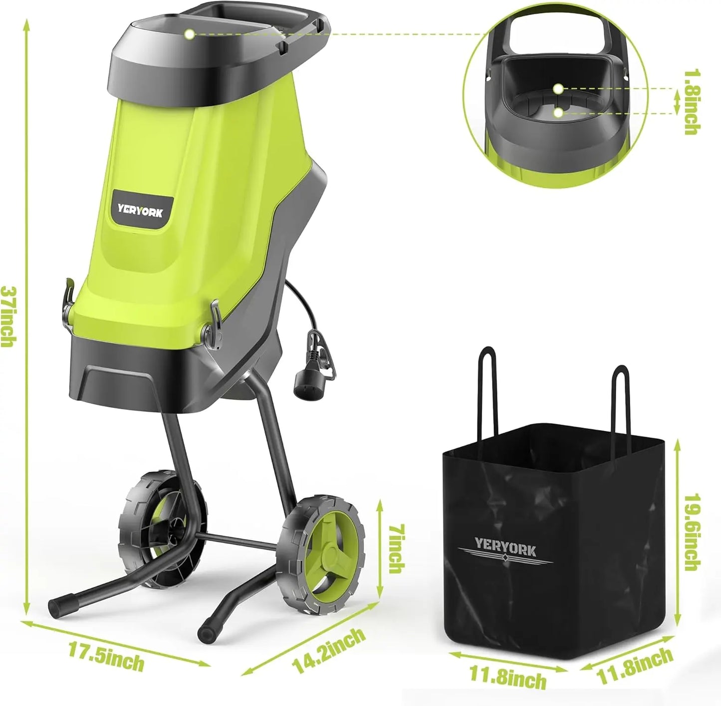 15-Amp Electric Wood Chipper with 1.8" Feed Hopper 45L Collection Bag - YERYORK